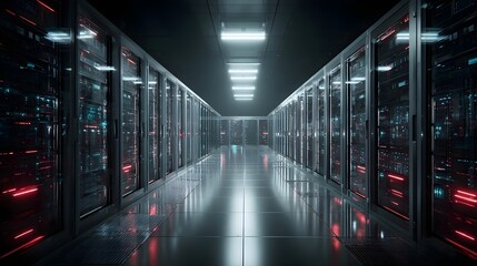3D render of modern server racks in dark tech room. Concept: modern data center, Internet of Things, digital data flow, network infrastructure, high-tech server environment, futuristic technology, vis