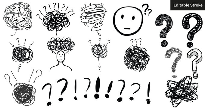 Set of hand-drawn confusion and question mark icons. Doodle scribble, chaos, and mental stress vector illustration.