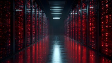 3D render of modern server racks in dark tech room. Concept: modern data center, Internet of Things, digital data flow, network infrastructure, high-tech server environment, futuristic technology, vis