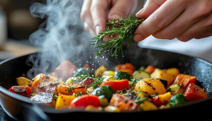 Person seasoning hot vegetable dish with green rosemary sprigs high resolution photo