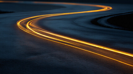 Glowing light trails illuminating the winding road at night, highlighting the curves and path forward