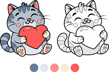 Kawaii cat holding heart love cartoon character and coloring page