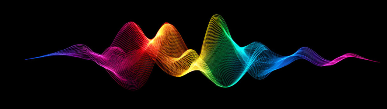 Dynamic rainbow waveform on black background offers stunning visual for audio, music, and creative projects, perfect for modern, vibrant design elements
