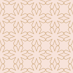 Vector seamless pattern in arabesque style. Minimal linear background with star shapes, diamonds. Golden and beige texture. Elegant repeated design for textile, decor, print, wallpaper, fabric, wrap