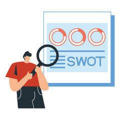 Person analyzing a SWOT analysis diagram with a magnifying glass, business concept.