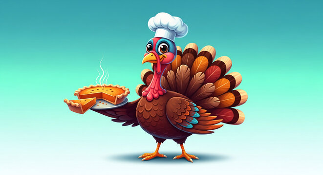 Cartoon turkey wearing chef hat, holding hot pumpkin pie, on blue gradient background, representing Thanksgiving holiday and culinary themes