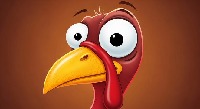 Close-up of cartoon turkey head, with bright yellow beak and big white eyes, depicting festive mood, related to celebration, food, and cultural events