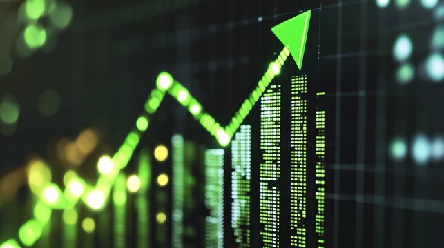 Dramatic stock market chart showing strong upward trend for investment, finance, and business success with a vibrant, dynamic green arrow icon