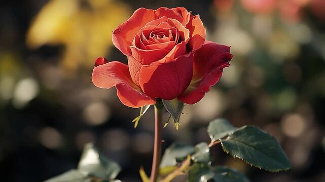 A single red rose with green leaves in the foreground, a simple and elegant floral arrangement