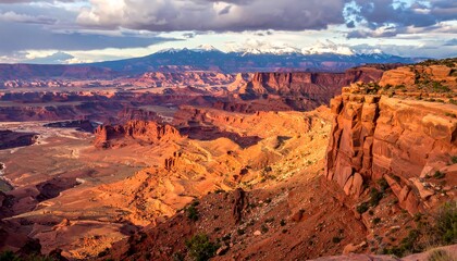 Expansive desert canyons and snow-capped mountains bathed in golden sunlight.