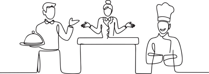 continuous line of hotel waiter. single line drawing of hotel receptionist, hotel chef standing welcoming guests. one line Icon drawing with white background