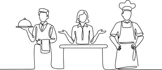 continuous line of hotel waiter. single line drawing of hotel receptionist, hotel chef standing welcoming guests. one line Icon drawing with white background