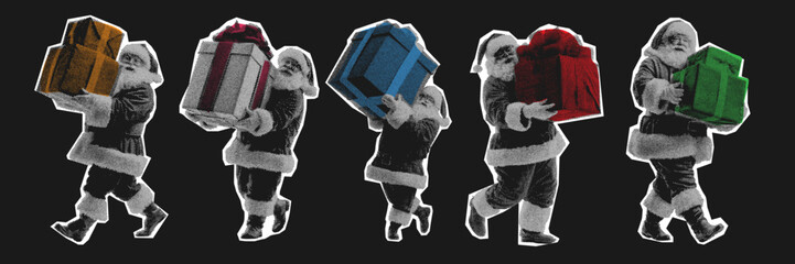 Naklejka premium Halftone retro santa carrying oversized festive gifts in bold vintage grunge style for christmas