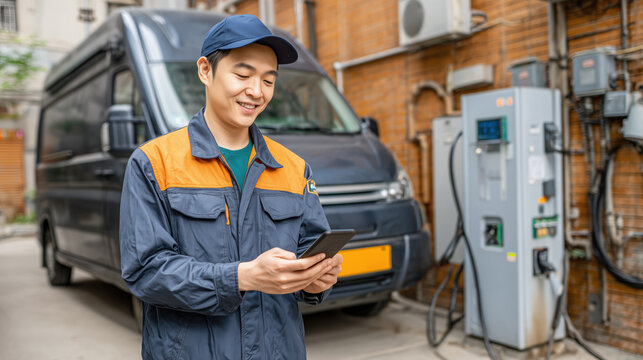 Asian delivery driver in uniform smiling while checking phone near electric delivery van and charging station outdoors