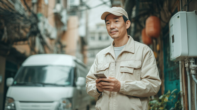 Asian delivery driver in beige uniform holding smartphone, standing on urban street with van in background, looking content and focused