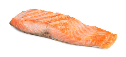 Piece of tasty grilled salmon isolated on white