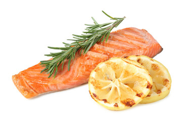Piece of tasty grilled salmon, rosemary and lemon slices isolated on white