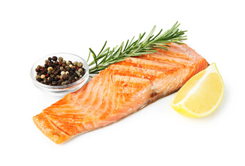 Piece of tasty grilled salmon, peppercorns, rosemary and lemon slice isolated on white