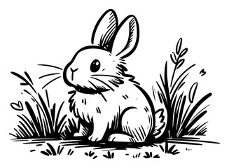 Cute baby rabbit sitting in meadow grass – adorable bunny wildlife character illustration