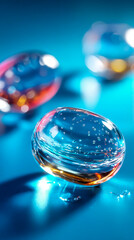 Close-up of a transparent glass chat bubble on a bright blue surface, symbolizing communication, clarity, and modern messaging design