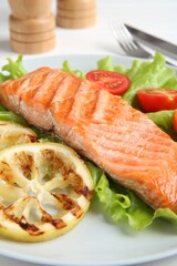 Piece of tasty grilled salmon, lemon slices and salad on white table, closeup