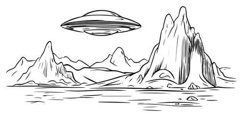 Flying saucer over dramatic rocky valley – extraterrestrial spacecraft hovering above alien mountains line illustration © Luka