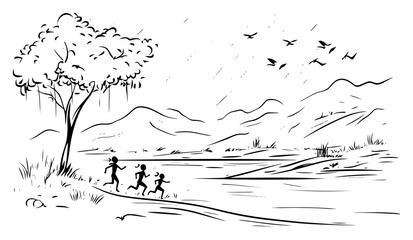 Children running through rainstorm in open countryside – joyful kids playing weather adventure illustration