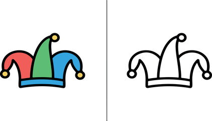 Jester Hat Icon with Color and Outline Variations | Colorful Fool Cap Illustration for Website Graphics, App Design, and Party Invitations