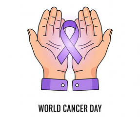 World Cancer Day illustration with hands holding purple ribbon symbol