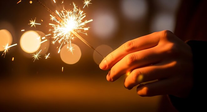 A hand holding a sparkler with bright lights in the background