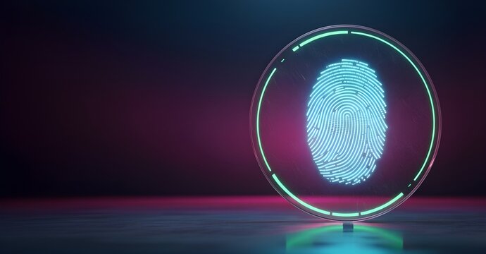 Futuristic Neon 3D Fingerprint Scanner for Biometric Security and Digital Identity Concept