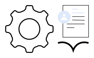 Gear next to a document with user profile, illustrating process optimization, workflow, and system integration. Ideal for technology, automation, teamwork, education, HR research modern
