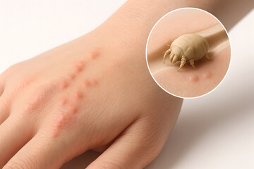 Photorealistic 3D medical illustration of scabies, semi-transparent skin cross-section showing Sarcoptes scabiei mite in superficial epidermis tunnel (stratum corneum)