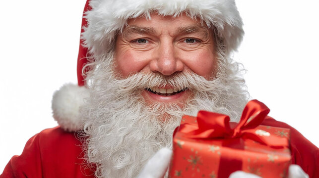 Extreme Close-up of Smiling Santa Presenting a Red Gift Box Directly to Viewer