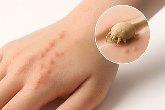 Photorealistic 3D medical illustration of scabies, semi-transparent skin cross-section showing Sarcoptes scabiei mite in superficial epidermis tunnel (stratum corneum)