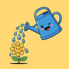 Cute blue watering can watering a yellow flower character