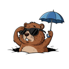 Cartoon groundhog with sunglasses and umbrella in hole