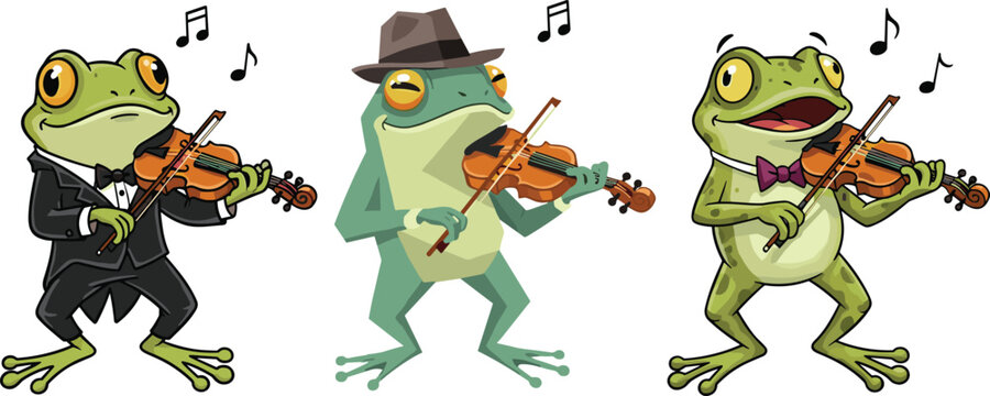 Cartoon frogs playing violins in musical performance, cute amphibian musicians illustration, whimsical frog orchestra artwork, funny animal music scene design