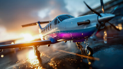 Naklejka premium Passenger airplane taking off on a wet runway glowing with city lights