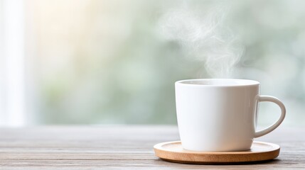 A white ceramic mug steams on a round wooden coaster, resting on a light wooden table with a soft, bright background.