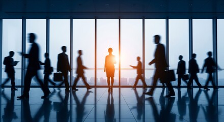 A blurred photo showcasing business professionals gathered in an office setting.
