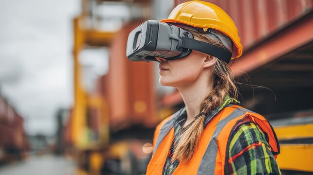 A construction worker wearing a hard hat and orange safety vest uses a virtual reality headset on-site.