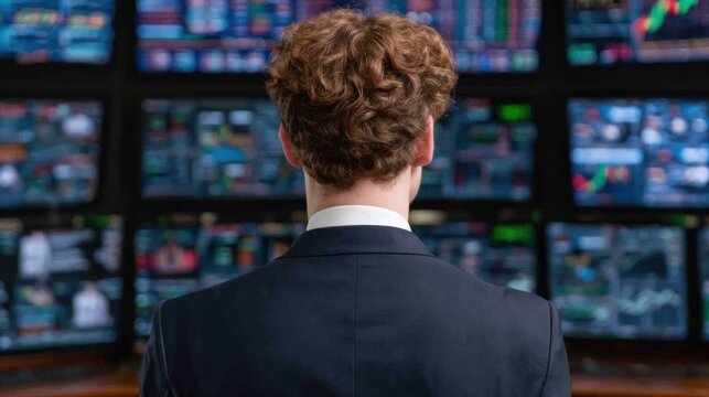 A suited trader stands with back to camera, facing multiple monitors showing stock charts and data in a finance trading room.