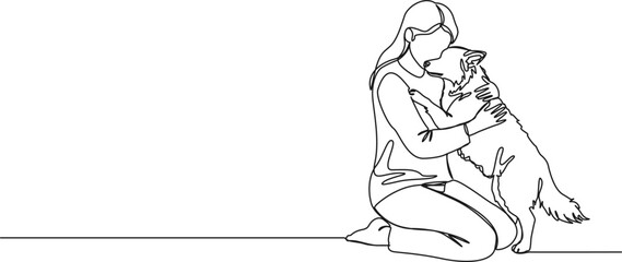 continuous line drawing of woman kneeling on floor hugging dog, line art vector illustration
