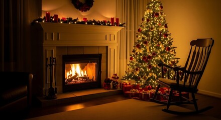 Cozy Christmas Eve scene with a roaring fireplace, decorated tree, and rocking chair, creating a warm and inviting holiday atmosphere