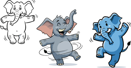 Cute cartoon elephants dancing happily, playful animal characters spinning and jumping, fun elephant illustration for children, education, animation, and creative design