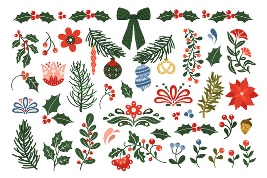 Set of Christmas folk art green floral. Scandinavian nordic winter holiday festive flowers, greenery leaf, twigs, branch. Decorative folklore plants vector illustration