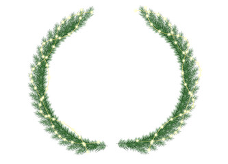 Seamless decorative christmas border with lights garland and coniferous branches isolated on transparent background