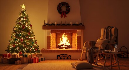 Cozy Christmas Eve Fireplace, Tree, Presents, and a Relaxing Rocking Chair