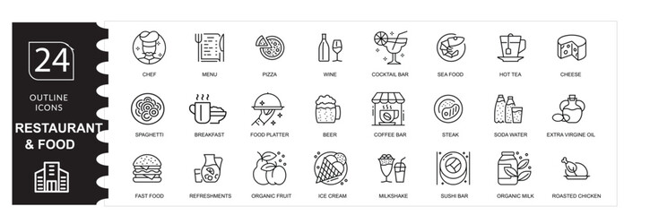 Food , Restaurant Vector Icon Set ,Menu, Meal, and Cuisine Symbols, Cooking and Dining Illustration Pack  Plates, Cutlery, and Beverages, Healthy, Delicious Food Icons . Breakfast, Lunch, Dinner, 